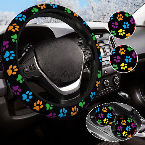 Paw Print Steering Wheel Cover Anti-Slip and Practical 14.5-15 Inch Universal Car Steering Wheel Cover with 2 Pieces Car Coasters Suitable for Men...