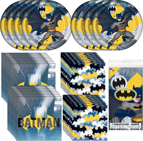 Unique Batman Party Bundle for 8 - Luncheon & Beverage Napkins, Dinner Plates, Table Cover - Superhero Birthday Party Officially Licensed Decorati...