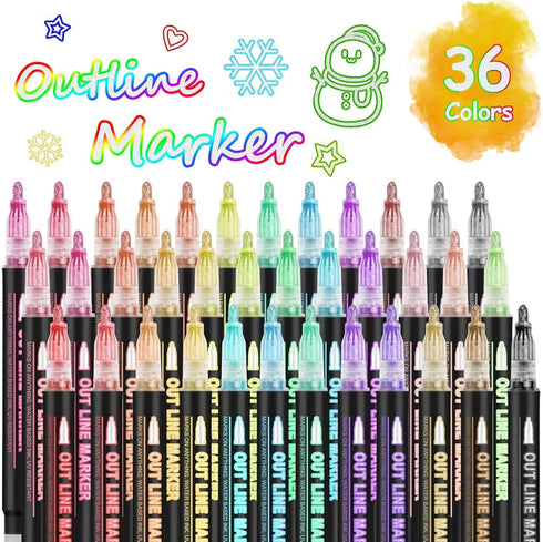 Double Line Outline Markers 36 Colors Super Squiggles Glitter Markers Self Outline Metallic Markers, Shimmer Markers Doodle Drawing Pens for Chris...