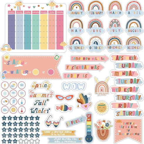 SATINIOR 85 Pcs Boho Calendar Bulletin Board Set Rainbow Classroom Bulletin Board with Month Weather Chart Ctp Calendar Seasons and Days of The We...