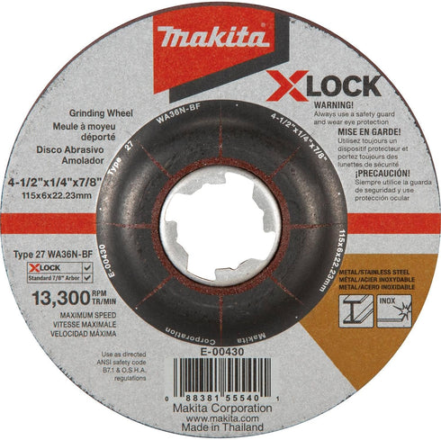 Makita E-00430 X-LOCK 4-1/2" x 1/4" x 7/8" Type 27 General Purpose 36 Grit Abrasive Grinding Wheel for Metal & Stainless Steel Grinding...