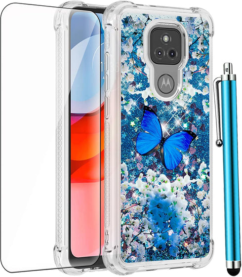 for Moto G Play 2021 Case with Tempered Glass Screen Protector,Glitter Bling Floating Liquid Sparkle Girls Women Cute Soft TPU Protective Phone Ca...