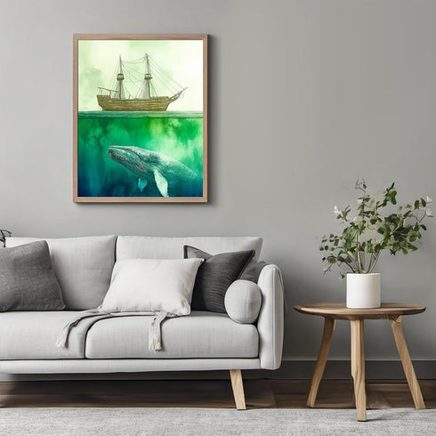 Posterizer 1 pcs-watercolor inspired art-grand whale and a ship 1-Coastal & Nautical Art-Collectibles & Fine Art-Living Room Bedroom Decor- unfram...
