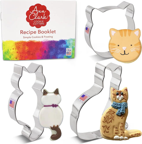 Cat Cookie Cutters 3-Pc. Set Made in USA by Ann Clark, Cat Face, Sitting Cat, Curled Cat...