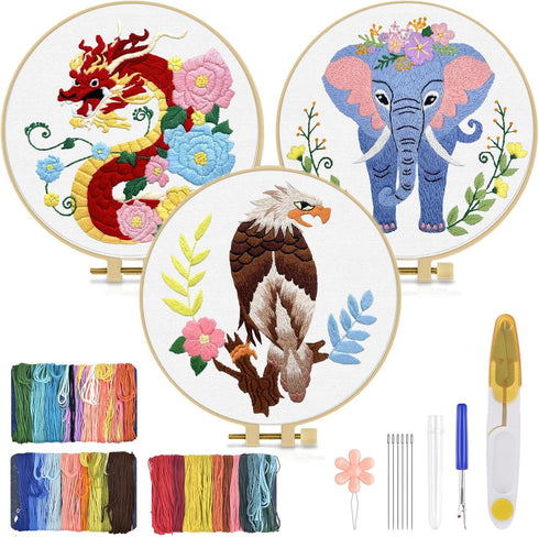 TINDTOP 3 Sets Embroidery Kit for Adult, Embroidery Kit Include Embroidery Cloth Hoops Threads for Craft Lover Hand Stitch with Embroidery Skill T...