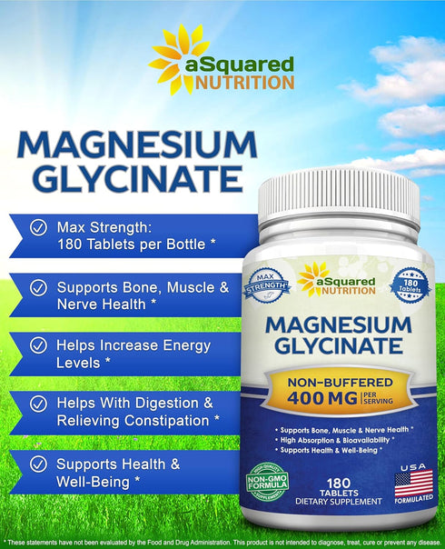 aSquared Nutrition Magnesium Glycinate 400mg - 180 Tablets - Max Strength Magnesium Bisglycinate Supplement -Maximum Bioavailability & Absorption-...