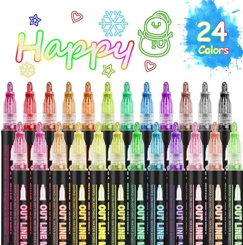Double Line Outline Markers 24 Colors Super Squiggles Glitter Markers Self Outline Metallic Markers, Doodle Shimmer Markers Drawing Pens for Chris...