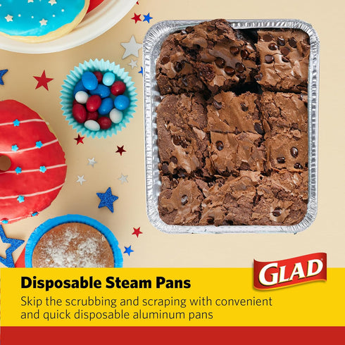 Glad Disposable Aluminum All Purpose Pans in Red, White & Blue Stars, 3ct with Lids - Printed Colorful Foil Steam Pans - 12.5” x 10.2” x 2.16” Alu...