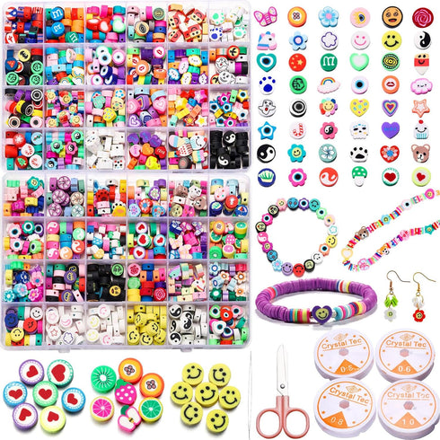 960Pcs Polymer Clay Beads Bracelet Making Kit, 48 Styles Trendy Cute Fruit Smile Face Mixed y2k Beads Charms for Bracelets Necklace Earring Jewelr...