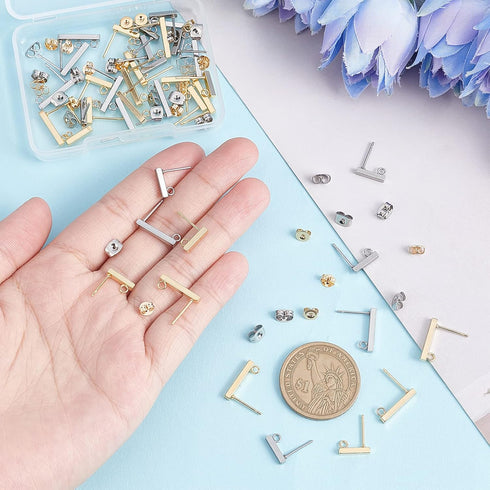 SUNNYCLUE 1 Box 40Pcs 4 Style 304 Stainless Steel Stud Earring Findings with 40 Pcs Stainless Steel Ear Nuts Earring Posts with Loop for Jewelry M...