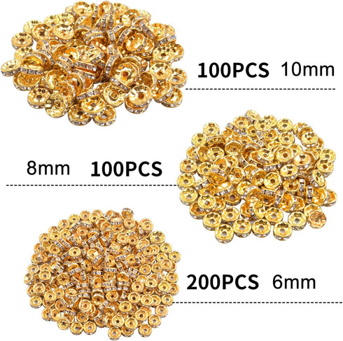 400 Pieces Round Crystal Spacer Beads Rondelle Charm Beads 6mm 8mm 10mm for jewelery Making, Gold Color...