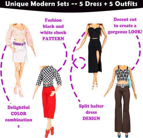 New Modern Doll Clothes and Accessories - 39 Items Gift Set , 10 Sets Modern Series Fashion Outfit Include 5 Dresses, 5 Top 5 Pants and 3 Swimsuit...