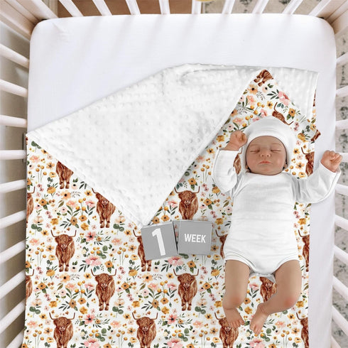 Highland Cow Floral Minky Baby Blanket Dotted Backing Girl, Boho Western Farm Animal Yak Flower Double Layer Nursery Bed Blankets, Soft Plush Newb...