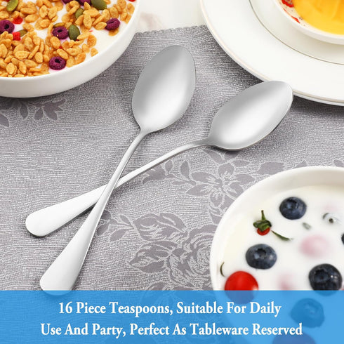 Teaspoon Set,16 Piece 6.7" Spoons Silverware, Premium Food Grade Stainless Steel Tea Spoons, Durable Small Spoon, Good Teaspoons, Kitchen Dessert ...