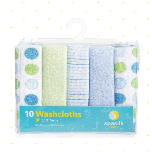 Spasilk Washcloth Wipes Set for Newborn Boys and Girls, Soft Terry Washcloth Set, Pack of 10, Blue Dots...