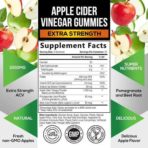 Vegan Apple Cider Vinegar Gummies | Max Strength 1000mg | ACV Supplement Gummy Vitamins for Adults, Supports Digestion, Metabolism, Natural Apple ...