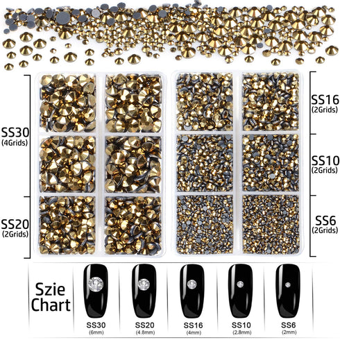 LPBeads 6400 Pieces Hotfix Rhinestones Metallic Gold Flat Back 5 Mixed Sizes Crystal Round Glass Gems with Tweezers and Picking Rhinestones Pen...