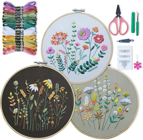 ETSPIL 3 Sets Embroidery kit for Beginners Adults?Learn 33 Different Stitches DIY Kits ?includes Stamped Flower Pattern, Hoop, Color Threads,Tools...