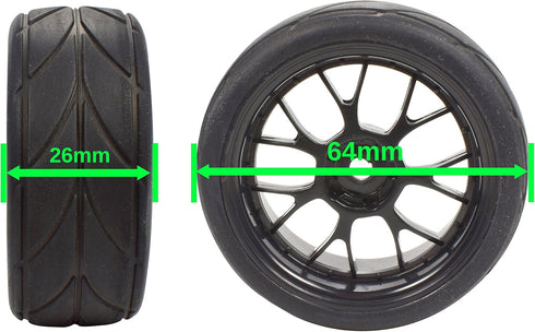 Apex RC Products 1/10 On-Road 12mm Black Mesh Wheels V Tread Rubber Tires (Set of 4) #5002...
