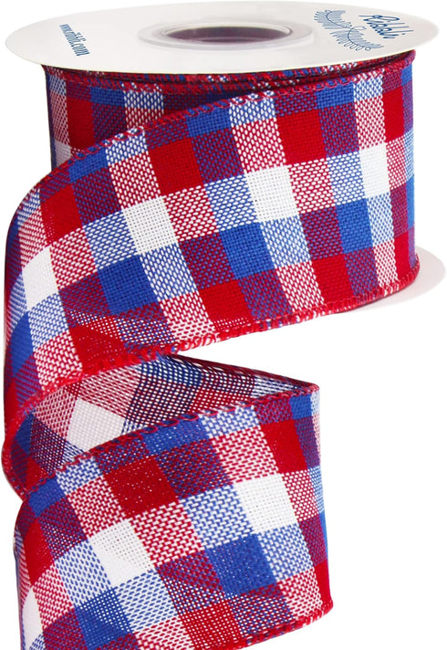 Ribbli Patriotic Red/White/Blue Check Wired Ribbon, 2-1/2 Inch x 10 Yard,4th of July Buffalo Plaid Ribbon,Burlap Ribbon for Big Bow,Wreath,Tree De...