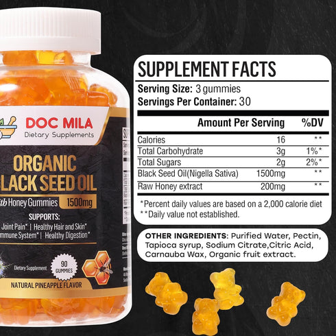 Organic Black Seed Oil Gummies 1500mg - Black Seed Oil Softgels Capsules with Honey, Pineapple Flavor - Gluten Free, Soy Free & Non-GMO...