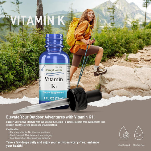 HoneyCombs Vitamin K1 Supplement Liquid Drops - High Potency Vitamin K1 Liquid Drops for Men & Women - Maintain Bone Health, Teeth, Skin and More ...