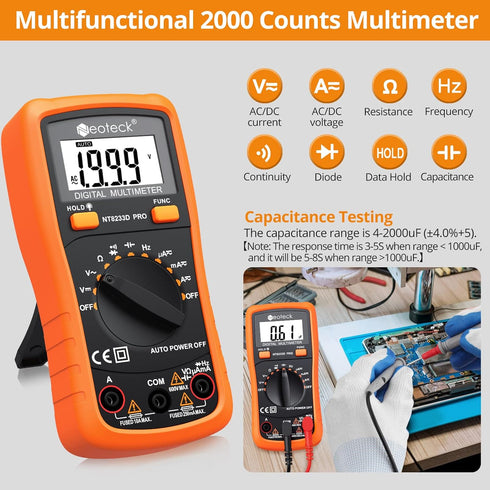 Neoteck Auto Ranging Digital Multimeter AC/DC Voltage Current Ohm Capacitance Frequency Diode Transistor Audible Continuity, Multi Tester with Bac...