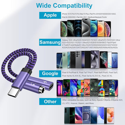 USB C to 3.5mm Headphone and Charger Adapter, 2 in 1 USB C to Aux Audio Jack Adapter Fast Charging Dongle Cable Cord for Samsung Galaxy A55/A35/S2...