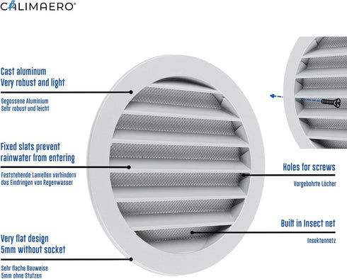 calimaero WSGG 6" Inch Gray Round Metal Air Vent Grill Cover Flat Louver with Fly Screen