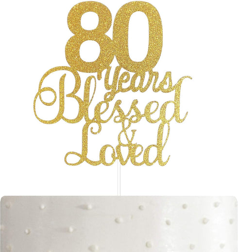 ALPHA K 80th Birthday/Anniversary Cake Topper – 80 Years Blessed & Loved Cake Topper with Gold Glitter...