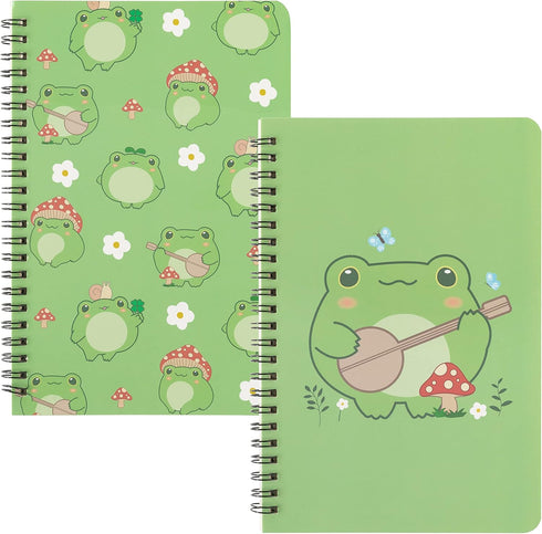 L1rabe 2 A5 Frog Spiral Notebooks Cute Frog Playing Banjo Mushroom College Ruled Hardbound Notebooks, Travel Journal Diary Notepad for Kids Teens,...