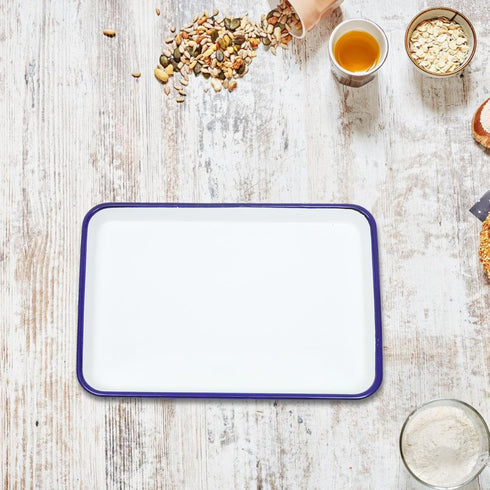 Ciieeo Enamelware Collection Blue Rim Solid White Enamel Baking Cookie Sheet Pan 26x18cm Enamel Baking Roasting Pan Tray Rectangular Serving Dish ...