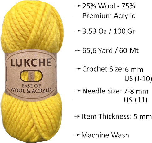 Wool and Acrylic Yarn 25% Wool - 75% Acrylic - 3,52 Oz - 65,6 Yds, Easy Thick and Fast Yarn, Soft and Super Bulky Weight #6 for Knitting, Crocheti...