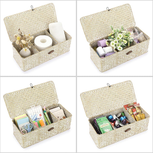 Hipiwe Seagrass Storage Basket Bin 3 Sections Hand-Woven Wicker Basket with Lid Bathroom Basket Toilet Tank Basket Holder for Organize Snack Tissu...