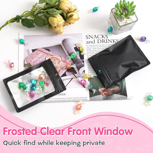 FUNFERY 100 Pack Mylar Resealable Bags Foil Packaging Bags with Clear Window,Zipper Pouch Smell Proof Bags for Food Storage,Cookies,Sample,Small B...