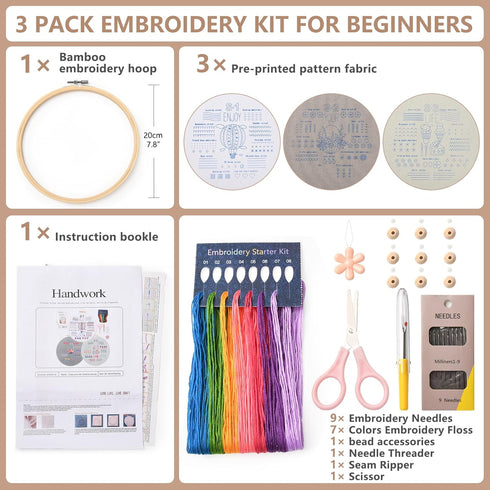 Dortusen 3 Sets Beginner Embroidery Kit for Adults Learn Different Stitches DIY Kits Includes Embroidery Tools Easy to Follow Instruction......