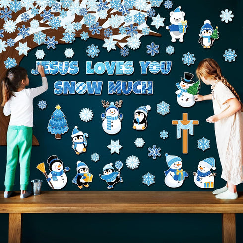 Zonon 114 Pcs Winter Bulletin Board Decorations Christmas Christian Tree Bulletin Board Cutouts Religious Classroom Decoration Snowflake Snowman C...