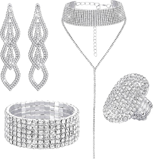 Fumete 4 Pcs Rhinestone Jewelry Set Bling Diamond Choker Necklace Bracelet Ring Earrings Set for Women Party Costume Jewelry...