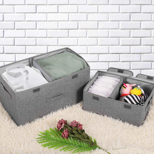 2 Pack Storage Boxes with Lids and Handles, Collapsible Linen Storage Bins Organizer Containers Baskets Cube with Removable Divider for Home Bedro...