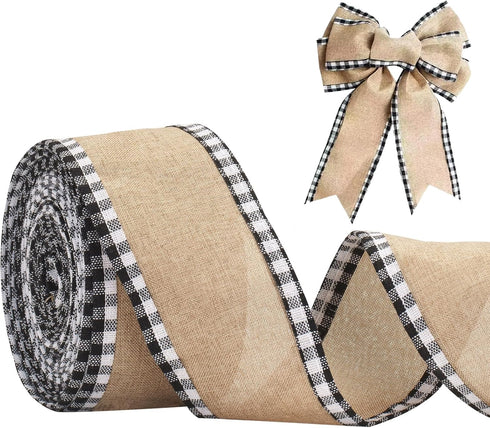joycraft Buffalo Plaid Wired Edge Ribbons, Christmas Burlap Fabric Ribbon Roll with Checkered Edge, 2.5" x 11 Yds Burlap Ribbon for Christmas Part...