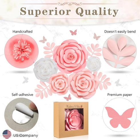 Rainbows & Lilies 15pc Large Paper Flowers Decorations for Wall - Reusable 3D Wall Decor for Girls Room, Nursery & Kids Bedroom - Pink & White Art...