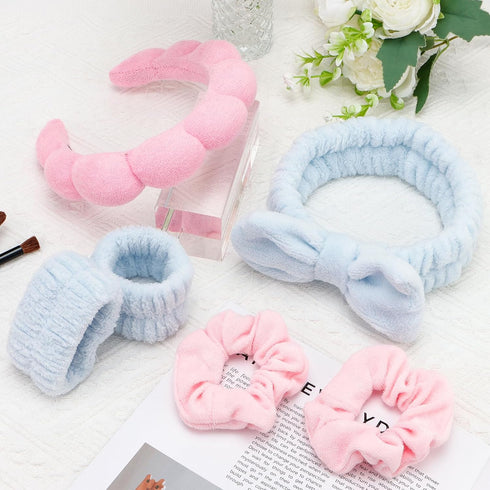 6Pcs Spa Headband for Washing Face with Wristband Towe, Skincare Makeup Puffy Cloud Headbands Soft Sponge Absorbs Water for Shower (Pink and Blue)...
