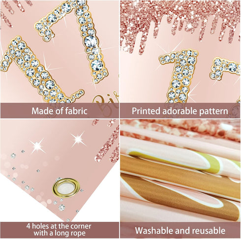 Happy 17th Birthday Banner Backdrop Decorations for Girls, Rose Gold 17 Birthday Party Sign Supplies, Pink Seventeen Birthday Poster Background Ph...