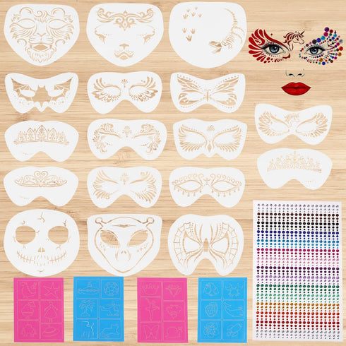 Face Paint Stencils 17pcs Reusable Face Painting Stencils with 4 Sheet Painting Stickers and 1pcs Rhinestone Bling Sticker for Festival Party Deco...