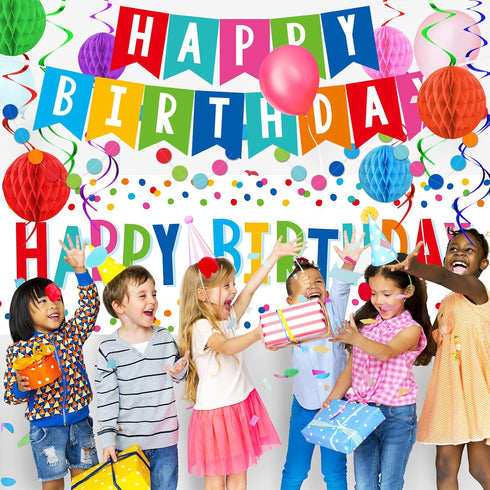 Happy Birthday Decorations Kit: Happy Birthday Banner,Birthday Dots Design Plastic Backdrop, Circle Confetti Garland, Swirl Streamers, Honeycomb B...