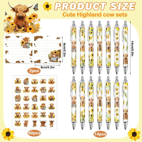 18 Pcs Sunflower Cute Highland Cow Print Pens with 60 Cow Stickers 100 Cow Sticky Notes Aesthetic Highland Cow School Office Stuff Car Accessories...