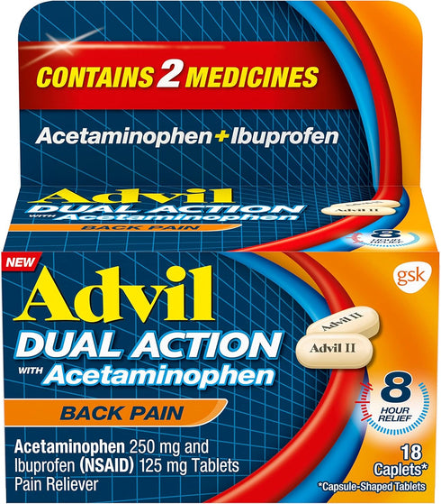 Advil Dual Action Back Pain Caplets Delivers 250mg Ibuprofen and 500mg Acetaminophen Per Dose for 8 Hours of Back Pain Relief - 18 Count...