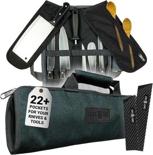 Chef Knife Roll Bag Travel Case | 8 Pockets for Knives & Tools | 2 Flaps with Cleaver & Mesh Pocket | Honing Rod Slot | Chef Knife Case for Profes...