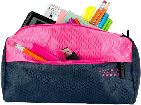 Five Star Pencil Pouch, Pen Case, Storage Organizer for School Supplies Earbuds Chargers Cables Makeup, 9-Pocket, Navy/Pink (505600B-ECM)...