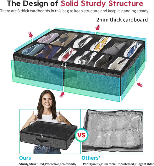 Onlyeasy Sturdy Under Bed Shoe Storage Organizer, Set of 2, Fit 12 to 24 Pairs, Underbed Shoes Closet Storage Solution with Clear Window, Breathab...